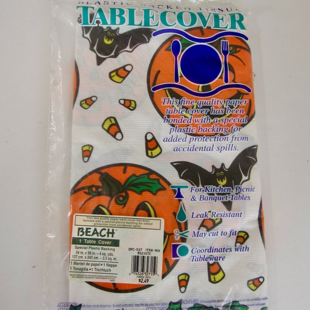 Vintage 90s Beach Halloween Paper Table Cover Plastic Backed Pumpkins Bats NOS